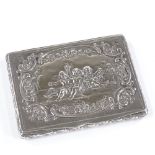 A Continental silver card case with hinged lid and gilt interior, with relief embossed cherub