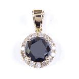 A 14ct gold black and white diamond cluster pendant, central black diamond approx 1.29ct, total