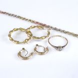 Various 9ct gold jewellery, comprising 3-colour rope twist bracelet, 2 pairs hoop earrings, and