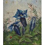 Miniature 19th century oil on board, ladybird and wild flowers, indistinctly signed, 2.5" x 2",