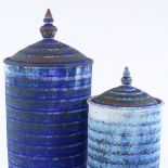 Emily Myers (British - born 1965), 2 Persian blue matt glazed lidded terracotta jars and covers,