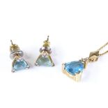 A 14ct gold trillion-cut blue topaz and and diamond pendant necklace and earring set, pendant height