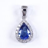 A 14ct white gold sapphire and diamond pear-shaped pendant, sapphire approx 0.82ct, total diamond