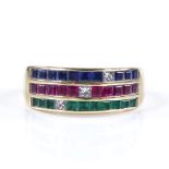 An 18ct gold triple-row emerald, ruby, sapphire and diamond ring, setting height 7mm, size M, 5.2g