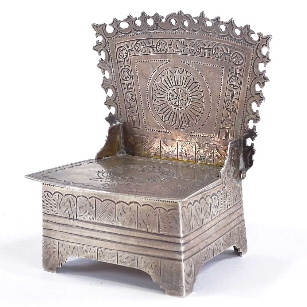 A Chinese silver box in the form of a chair, with bright-cut decoration, by Kwan Wo, stamped 85,