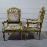 A pair of Continental carved giltwood framed open armchairs, with tapestry upholstery