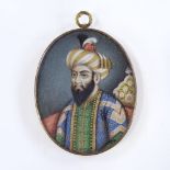 A 19th century Indian miniature watercolour on ivory, portrait of a man wearing a turban, in