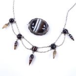 A silver and banded agate festoon necklace, length 43cm, together with a similar brooch, length 37.