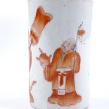 A Chinese white glaze porcelain brush pot with painted figures, seal mark, height 12cm, diameter 7.