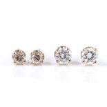 2 pairs of 14ct gold solitaire diamond earrings, with stud fitting, larger diamonds measure: