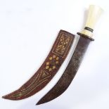 An African ivory-handled hunting knife, with woven leather scabbard, blade length 30cm