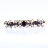 A 14ct gold sapphire and diamond hinged bangle, total marquise-cut diamond content approx 0.84ct,
