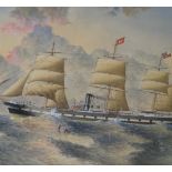 19th century watercolour, steam and sail ship the City of Valparaiso leaving Whitby, signed with