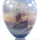 A First War Period ceramic vase with hand painted design of a Naval convoy, by Reginald Austin (1890