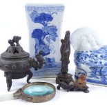 A group of Oriental items, including a bronze incense burner and cover (handle A/F), 2 blue and