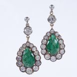 A pair of emerald and graduated diamond cluster drop earrings, with screw-back fittings, with