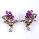 A pair of 1950s ruby and diamond flower spray earrings, with clip-on fittings, length 26.6mm, 6.7g