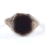 A 9ct gold shield-shaped bloodstone signet ring, setting height 12.6mm, size P, 1.7g