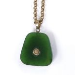 A jade and gold Chinese character mark pendant necklace, on 9ct belcher link chain, pendant height