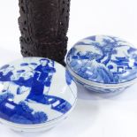 2 Chinese blue and white porcelain circular boxes, 11cm across, and a carved soapstone vase,
