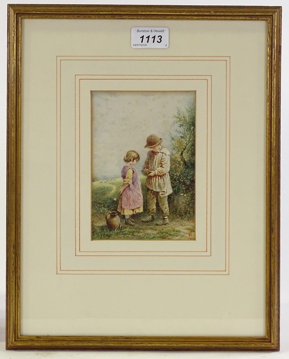 Attributed to Myles Birket Foster (1825 - 1899), watercolour, 2 young children with a bird's nest, - Image 2 of 4