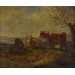 19th century oil on board, cows on a hilltop, unsigned, 5" x 6", framed