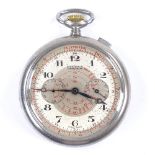A steel-cased open-face top-wind chronograph pocket watch by Pierce, with 2 subsidiary dials, case