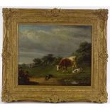 18th/19th century oil on canvas, farm scene, unsigned, 13" x 16", framed