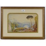 19th century watercolour, Classical Arcadian landscape, unsigned, 8" x 13", framed