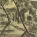 Pearl Binder (1904 - 1990), charcoal on paper, street scene, circa 1930, 17.5" x 13", mounted