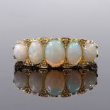 An 18ct gold graduated 5-stone opal and diamond half-hoop ring, with scroll engraved bridge, setting