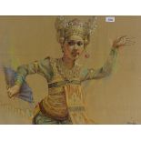 Balinese School, crayon drawing, dancer, 19" x 24", framed