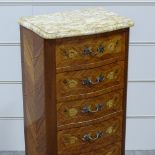 A small French kingwood and marquetry inlaid chest of 5 drawers, with shaped marble top, width