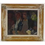 Frank Archer, oil on board, 3 figures, original label verso, 9.5" x 11.5", framed