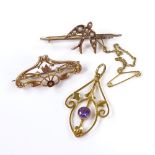 2 9ct gold brooches and a 9ct amethyst pendant, height excluding bale 30.5mm, 4.2g total (3)