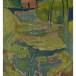 Oil on canvas, impressionist lily pond, unsigned, 36" x 28", framed