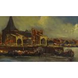 J V Heyden (born 1900), oil on board, busy harbour scene Amsterdam, signed, 7" x 24", framed