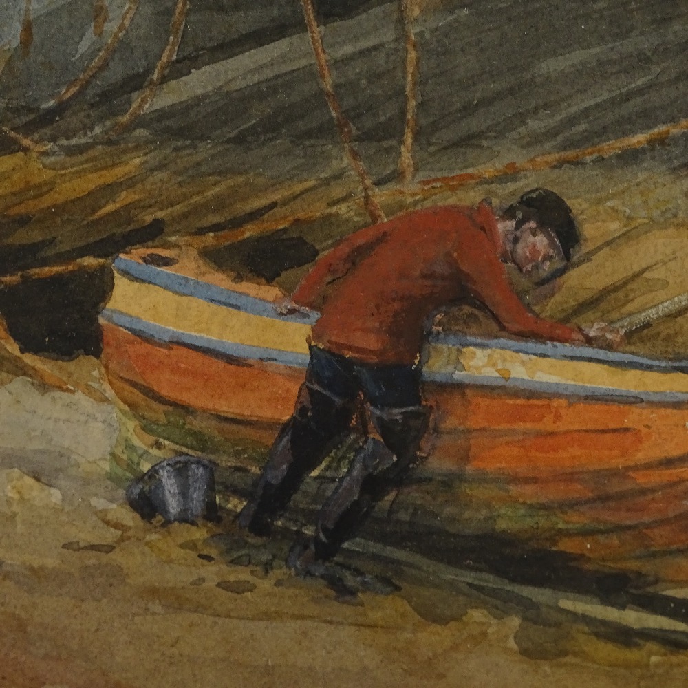 Watercolour, circa 1920s, fisherman tending his boat, unsigned, 8" x 10", framed - Image 3 of 4