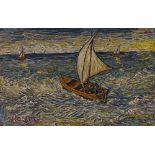 Follower of Vincent Van Gogh, oil on board, fishing boats, 10" x 16"