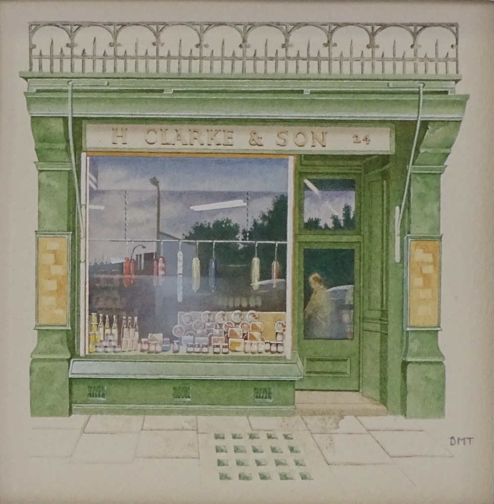 A pair of miniature watercolours, studies of shop fronts, signed with monograms DMT, Royal Academy