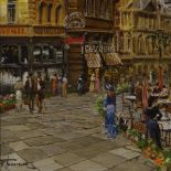 Francesco Tammaro, oil on board, Parisian cafe street scene, signed and inscribed verso, 7" x 9",