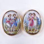 A pair of early 19th century painted enamel miniature panels, depicting girls with flowers, in