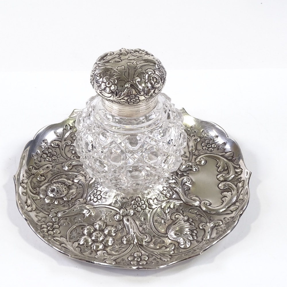 A Victorian silver and cut-glass desktop inkwell and stand, by Charles Boyton, hallmarks London - Image 2 of 4