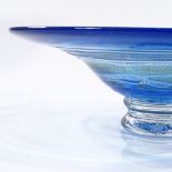 Steward Fletcher of Topglass, large handmade footed bowl in blue with silver and gold, signed,