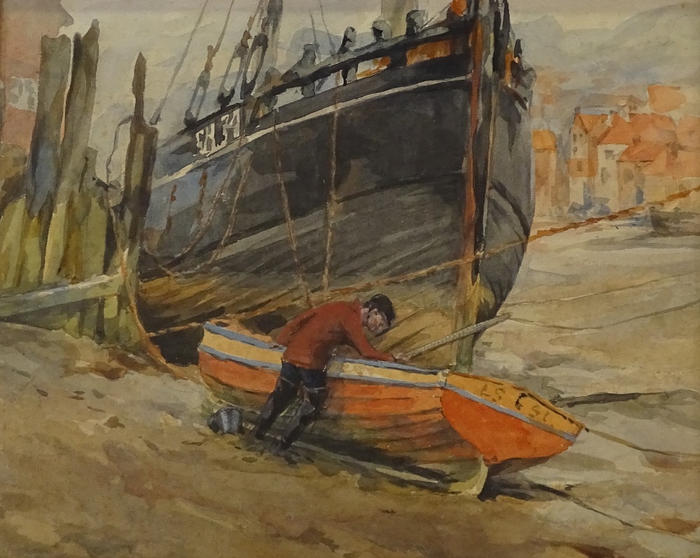 Watercolour, circa 1920s, fisherman tending his boat, unsigned, 8" x 10", framed