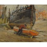 Watercolour, circa 1920s, fisherman tending his boat, unsigned, 8" x 10", framed