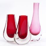 3 Murano free-form red glass vases, largest height 20cm