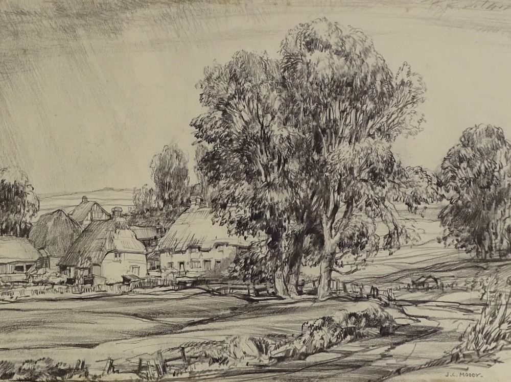 Ernest Greenwood, watercolour, French chateau, 10" x 14", and J C Moody, charcoal drawing, Sussex