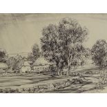 Ernest Greenwood, watercolour, French chateau, 10" x 14", and J C Moody, charcoal drawing, Sussex