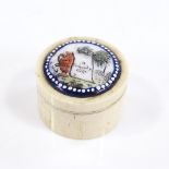 An Antique bone cylindrical box, with inset painted enamel plaque to the lid, diameter 3cm